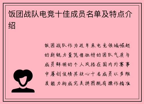 饭团战队电竞十佳成员名单及特点介绍