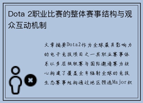 Dota 2职业比赛的整体赛事结构与观众互动机制